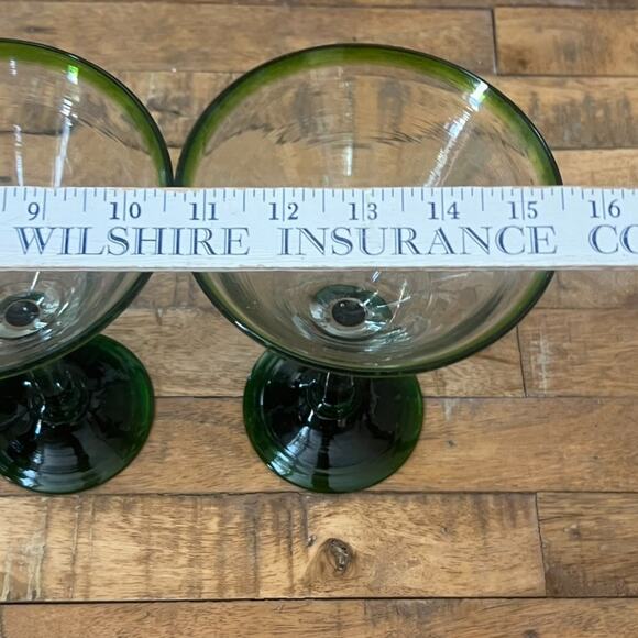 Mexican Hand Blown Martini Glasses Green Rim 7.25" Tall Set of 3 - Picture 10 of 11
